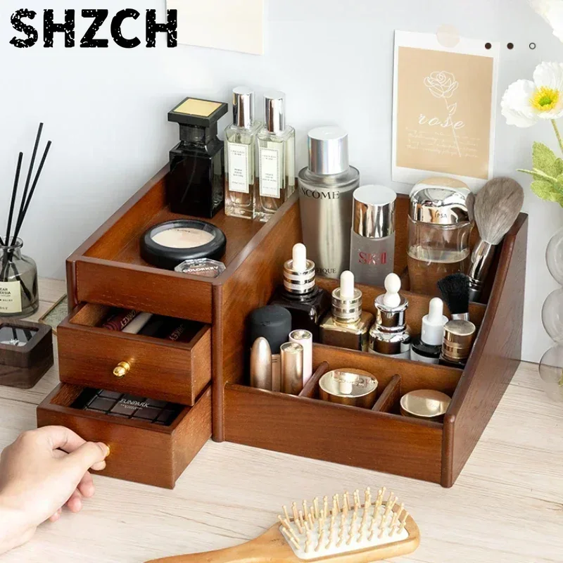 Luxury Skincare Mask - Make-up organizer met houten textuur, grote